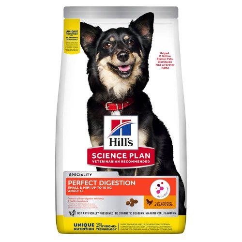 Avbildet: Hill's Science Plan Perfect Digestion Small & Mini Adult 1+ hundefôr med kylling og brun ris