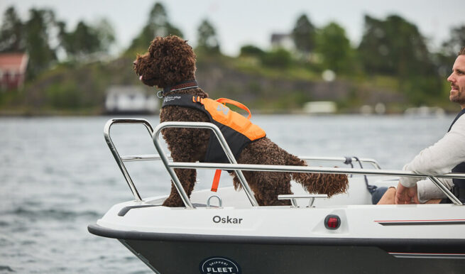 Avbildet: Hund med eier på båd med Non-stop dogwear protector life jacket
