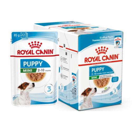 Avbildet: Royal Canin, Mini Puppy, Biter i saus, Våtfôr til hund