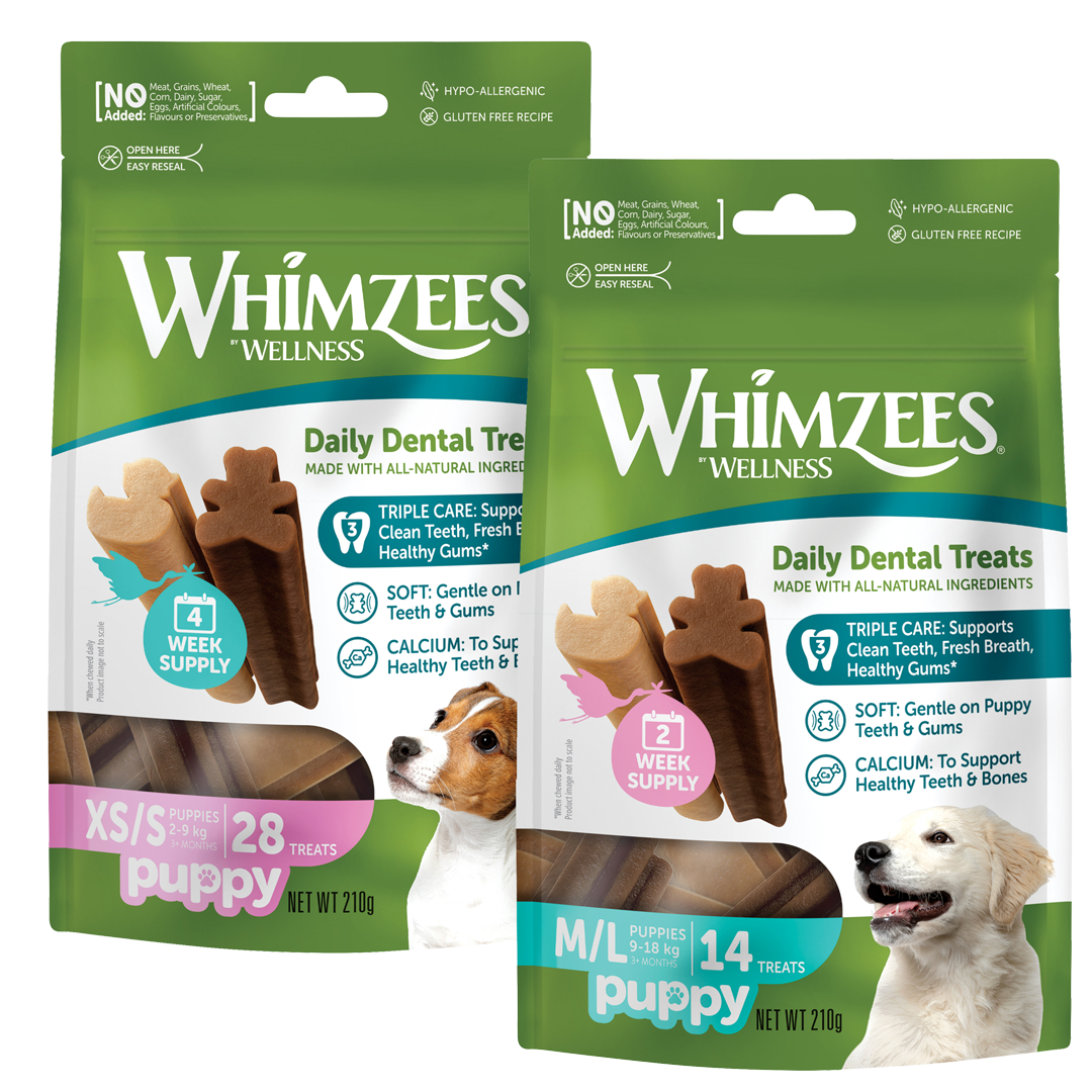 Puppy Daily Dental Stix Web Vegetabilsk tygg som bidrar til å redusere plakk og tannstein hos hunden din. Whimzees er rik på vitaminer og antioksidanter, har et lavt fettinnhold og med fiber som bidrar til god fordøyelseshelse.