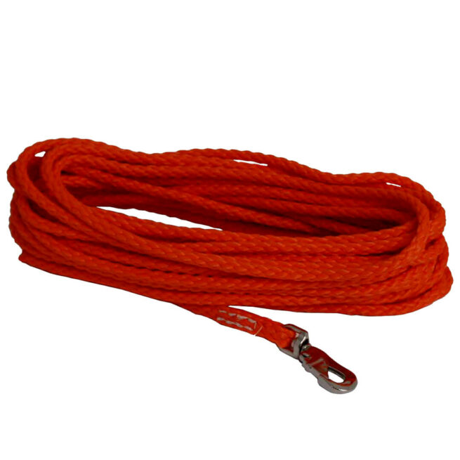 sporline, langline, hundetrening, innkalling, sporarbeid, båndtvang, hundebånd, fleksibel line, slitesterk line, polyetylen, 15 meter, 6 mm, 8 mm, oransje sporline, hundeutstyr, tur med hund, treningsbånd, jakt, agility, hundesport