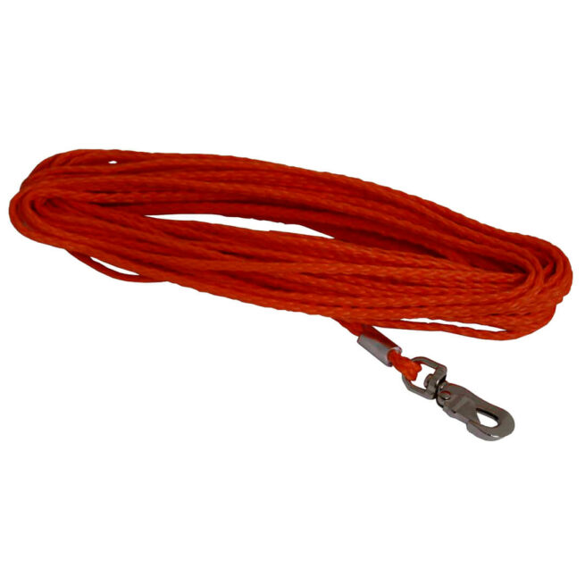 sporline, langline, hundetrening, innkalling, sporarbeid, båndtvang, hundebånd, fleksibel line, slitesterk line, polyetylen, 15 meter, 6 mm, 8 mm, oransje sporline, hundeutstyr, tur med hund, treningsbånd, jakt, agility, hundesport